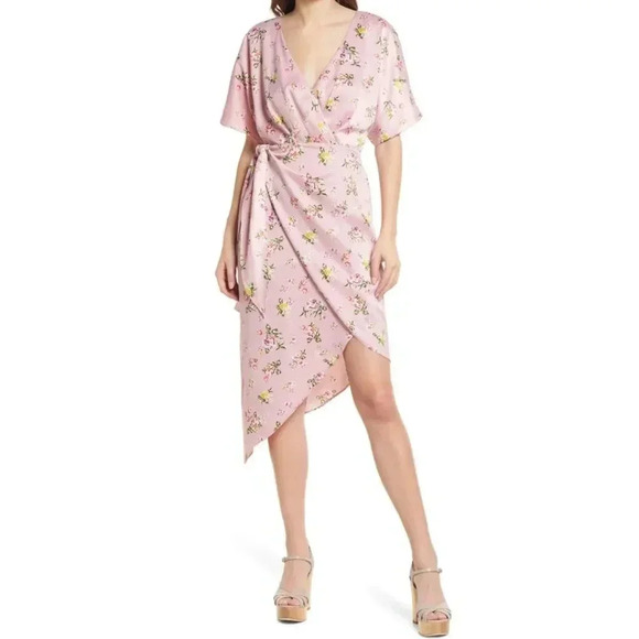 Charles Henry Wrap Dress Pink Blush Floral Size Medium Dolman Sleeve - Picture 1 of 13